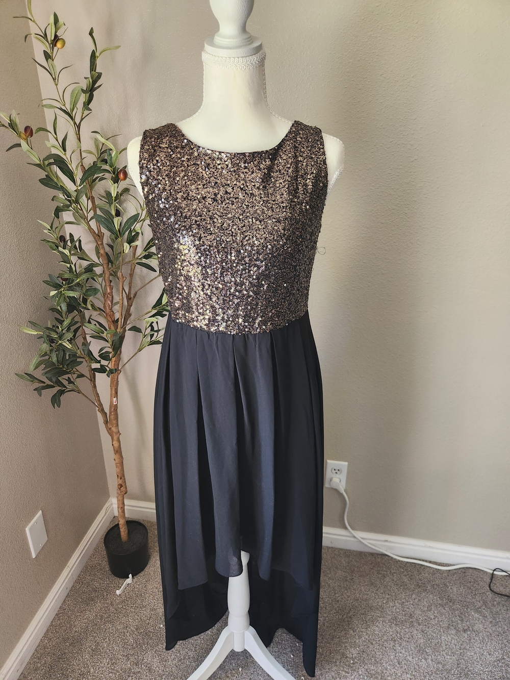 Forever 21 Bronze Sequin Bodice Navy High-Low Dress